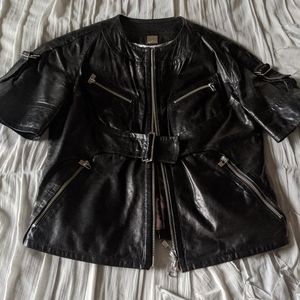Cropped black leather short sleeve jacket